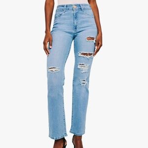 High Waisted Straight Leg Ripped Distressed Denim Pants Trendy Casual Jeans